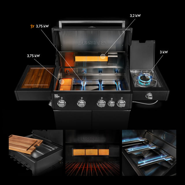947140, 947141 Big FRED Deluxe 4-Brenner Gasgrill in Schwarz mit Infrarot-Heckbrenner, Seitenkochfeld und geöffneter Brennkammer