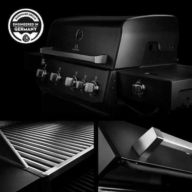 947141, 947146 Big FRED Deluxe 4-Brenner Gasgrill in Schwarz mit Edelstahlrosten, hochwertigem Griff und Materialdetails in Studioaufnahme