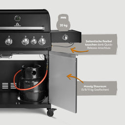 947140, 947141, 947146, 947147 Big FRED Deluxe 4-Brenner Gasgrill in Schwarz mit Stauraum für Gasflasche und flexibel tauschbarem Seitentisch