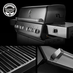 947138, 947144 Big FRED Deluxe 4-Brenner Gasgrill in Edelstahl mit Gusseisenrosten, hochwertigem Griff und Materialdetails in Studioaufnahme