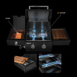 947122, 947123 FRED JR. Deluxe 2-Brenner Gasgrill in Schwarz mit geöffneter Brennkammer und Seitenbrenner