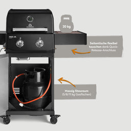 947122, 947123 FRED JR. Deluxe 2-Brenner Gasgrill in Schwarz mit Stauraum für Gasflasche und wechselbarem Seitentisch