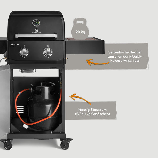 947122, 947123 FRED JR. Deluxe 2-Brenner Gasgrill in Schwarz mit Stauraum für Gasflasche und wechselbarem Seitentisch
