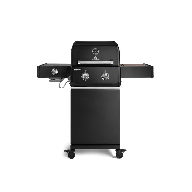 947122,947123 FRED JR. Deluxe Gasgrill mit 2 Brennern in Schwarz, Seitenbrenner und seitlichen Ablagen