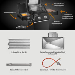 947122 FRED JR. Deluxe 2-Brenner Gasgrill in Schwarz mit Gusseisenrosten, Seitenbrenner und Lieferumfang im Überblick