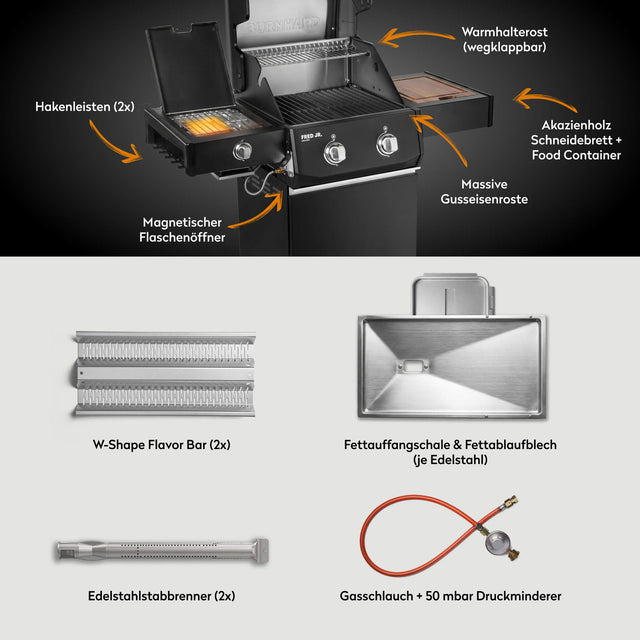 947122 FRED JR. Deluxe 2-Brenner Gasgrill in Schwarz mit Gusseisenrosten, Seitenbrenner und Lieferumfang im Überblick