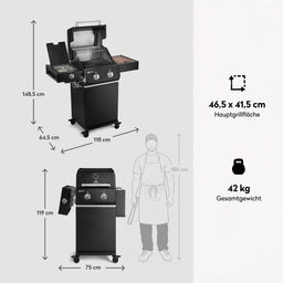 947122 FRED JR. Deluxe 2-Brenner Gasgrill in Schwarz mit Gusseisenrosten, Maßen, Hauptgrillfläche und Gesamtgewicht im Überblick