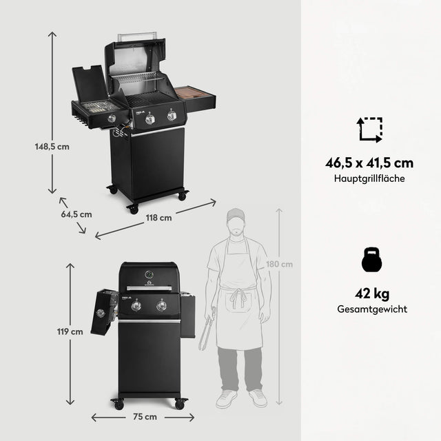 947122 FRED JR. Deluxe 2-Brenner Gasgrill in Schwarz mit Gusseisenrosten, Maßen, Hauptgrillfläche und Gesamtgewicht im Überblick