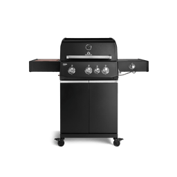 947128, 947129 FRED Deluxe 3-Brenner Gasgrill in Schwarz mit geschlossenem Unterschrank, Seitenkochfeld und Food Container