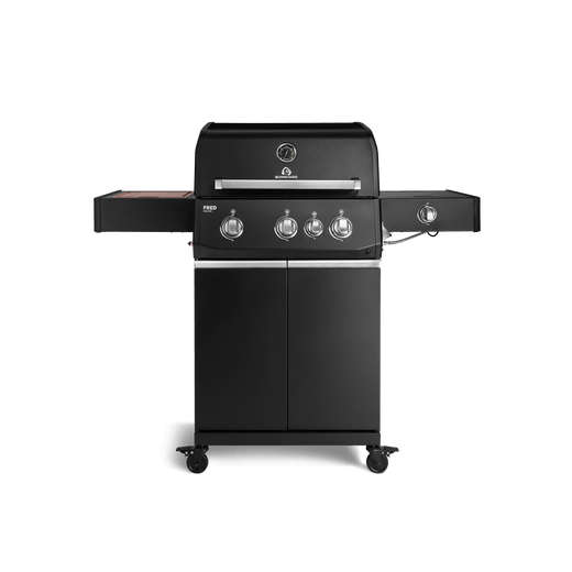 947128, 947129 FRED Deluxe 3-Brenner Gasgrill in Schwarz mit geschlossenem Unterschrank, Seitenkochfeld und Food Container