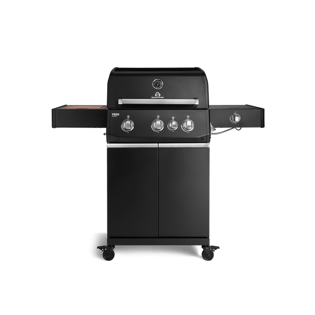 947128, 947129 FRED Deluxe 3-Brenner Gasgrill in Schwarz mit geschlossenem Unterschrank, Seitenkochfeld und Food Container