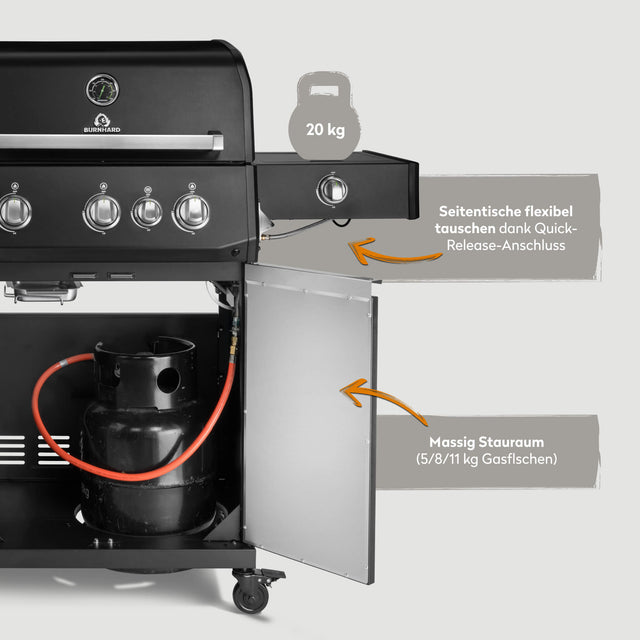 947128, 947129, 947134, 947135  FRED Deluxe 3-Brenner Gasgrill in Schwarz mit Stauraum für Gasflasche und flexibel tauschbarem Seitentisch