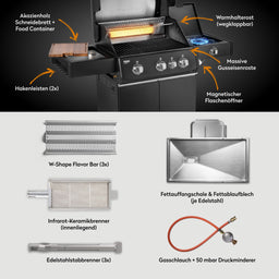 947128 FRED Deluxe 3-Brenner Gasgrill in Schwarz mit Gusseisenrosten, Seitenkochfeld und Lieferumfang im Überblick