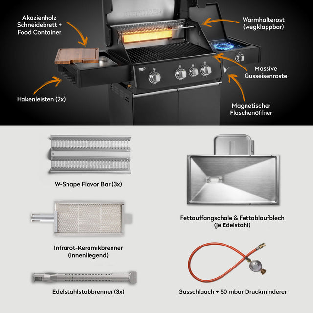 947128 FRED Deluxe 3-Brenner Gasgrill in Schwarz mit Gusseisenrosten, Seitenkochfeld und Lieferumfang im Überblick