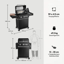 947128 FRED Deluxe 3-Brenner Gasgrill in Schwarz mit Gusseisenrosten, Maßen, Hauptgrillfläche und Seitenkochfeld im Überblick