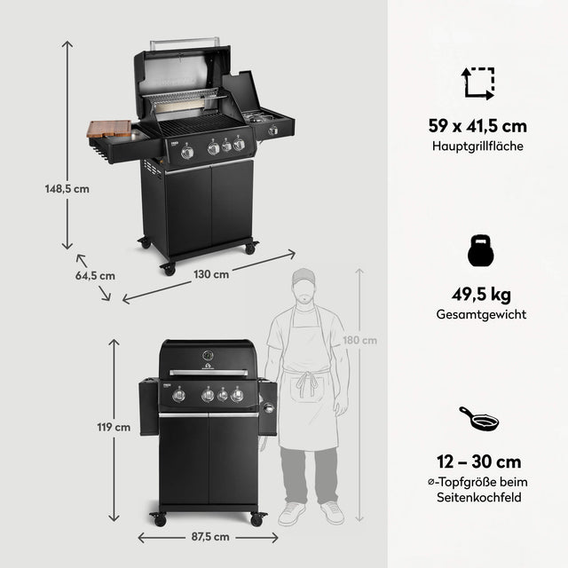 947128 FRED Deluxe 3-Brenner Gasgrill in Schwarz mit Gusseisenrosten, Maßen, Hauptgrillfläche und Seitenkochfeld im Überblick
