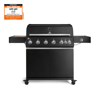 947150, 947151 Fat FRED Deluxe 6-Brenner Gasgrill in Schwarz mit Seitenkochfeld, Food Container und geschlossenem Unterschrank