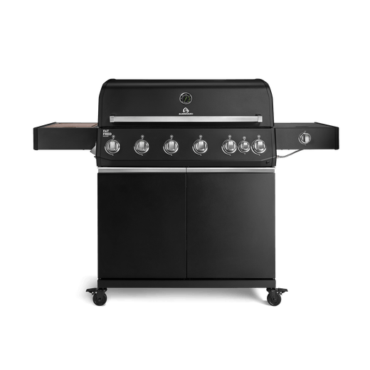 947150, 947151 Fat FRED Deluxe 6-Brenner Gasgrill in Schwarz mit Seitenkochfeld, Food Container und geschlossenem Unterschrank