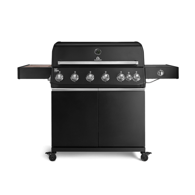 947150, 947151 Fat FRED Deluxe 6-Brenner Gasgrill in Schwarz mit Seitenkochfeld, Food Container und geschlossenem Unterschrank