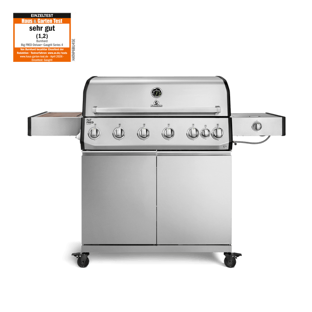 947148, 947149 Fat FRED Deluxe 6-Brenner Gasgrill in Edelstahl mit Seitenkochfeld, Food Container und geschlossenem Unterschrank