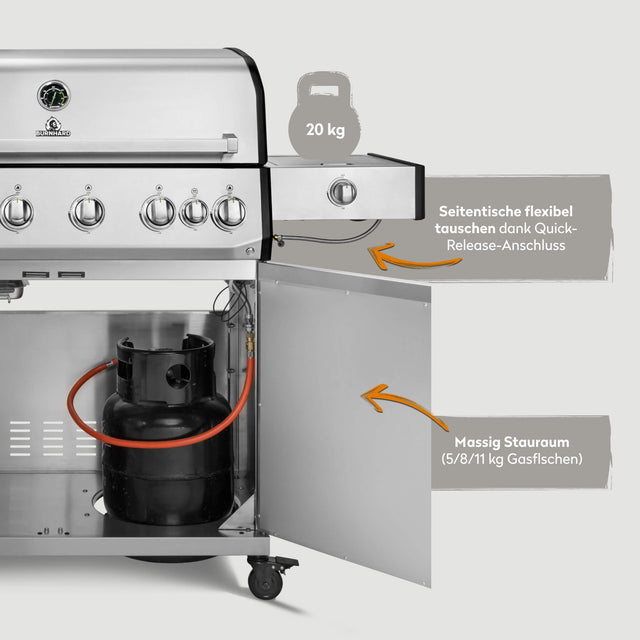 947148, 947149, 947152, 947153 Fat FRED Deluxe 6-Brenner Gasgrill in Edelstahl mit Stauraum für Gasflasche und flexibel tauschbarem Seitentisch