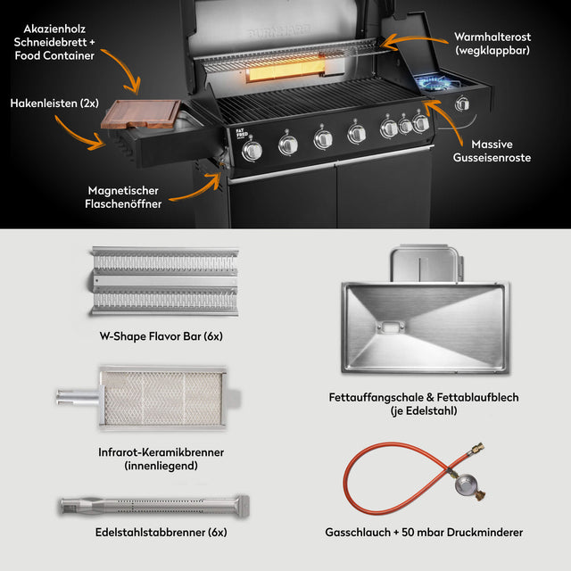 947150 Fat FRED Deluxe 6-Brenner Gasgrill in Schwarz mit Gusseisenrosten, Warmhalterost und Lieferumfang im Überblick