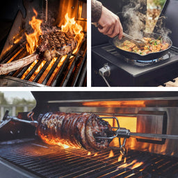947148, 947149, 947150, 947151, 947140, 947141, 947138, 947139,  947142, 947143 BURNHARD Deluxe Gasgrill Serie beim scharfen Anbraten, Kochen am Seitenkochfeld und Grillen mit Rotisserie
