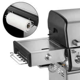 Küchenrollenhalter am Seitenkochfeld des Big Fred Deluxe montiert, mit eingesetzter Küchenrolle unter der Ablage
946757 946758 946759