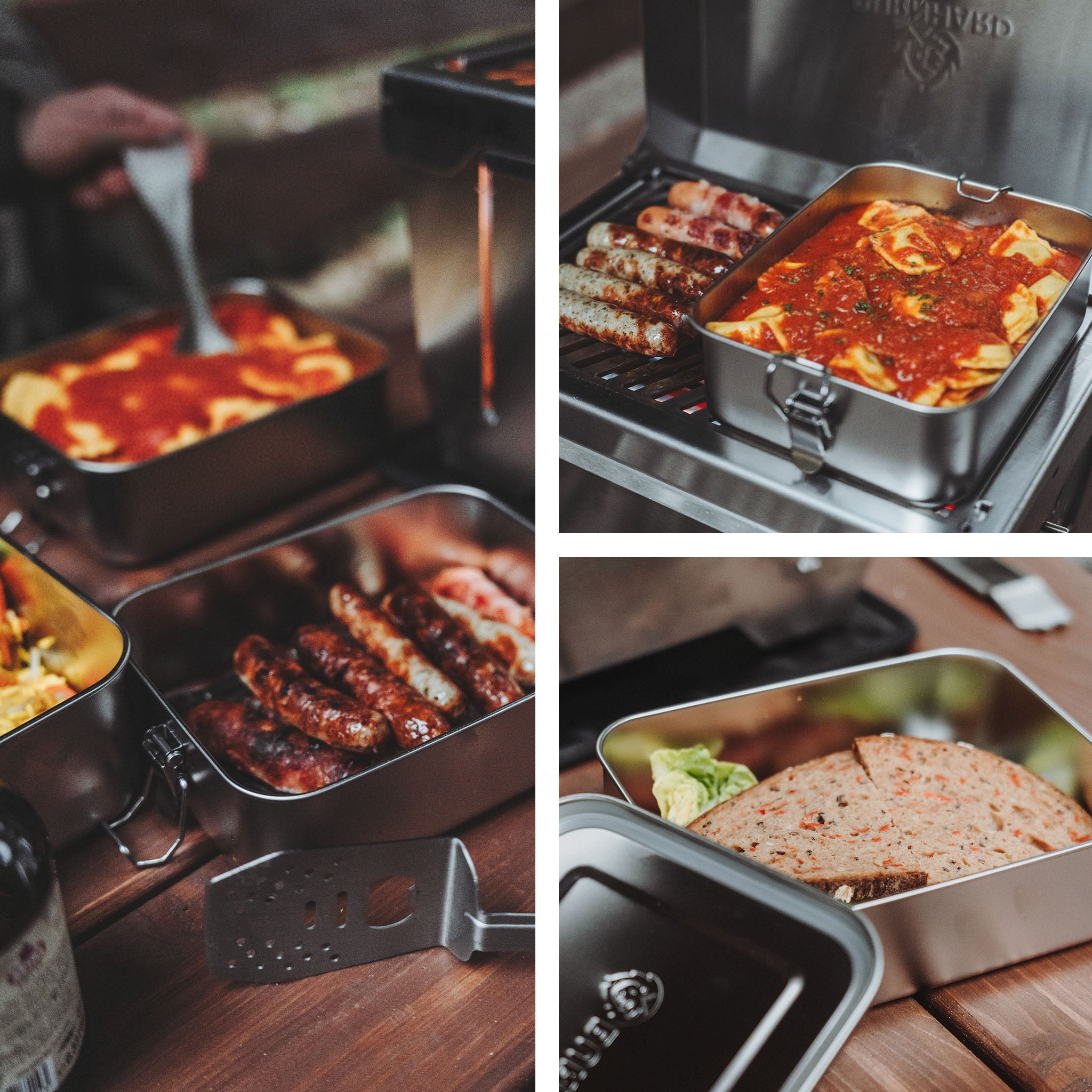 Collage verschiedene Gerichte zum Aufwärmen auf dem Campinggrill, Aufbewahren oder Transportieren in den Brotdosen