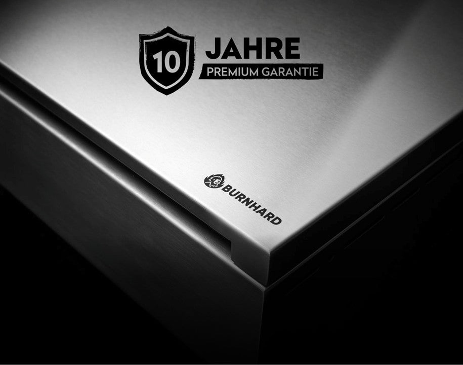 GRANT Seitentisch mit Edelstahloberfläche, Aufschrift: 19 Jahre Premium Garantie