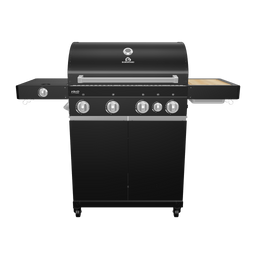 945530_945970 Big FRED Gasgrill Black Edition als 360-Grad-3D-Rendering mit ausgeklappten Seitentischen vor weißem Hintergrund