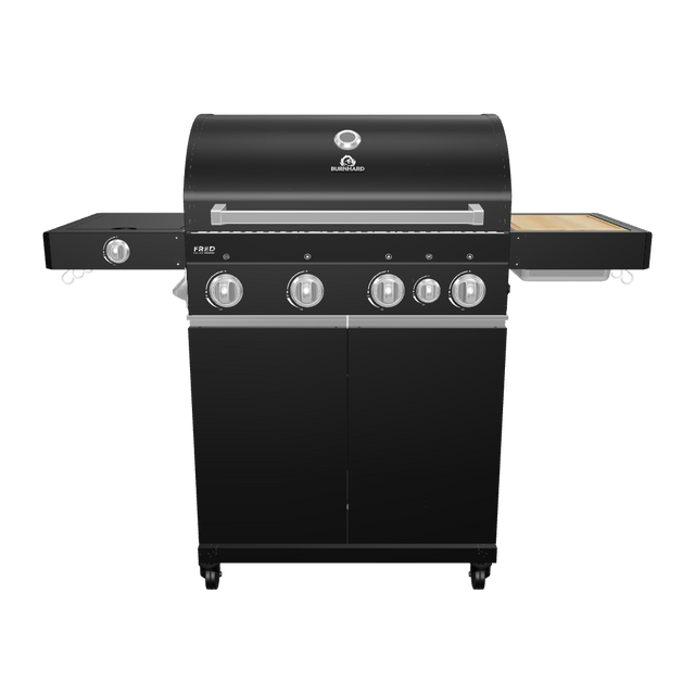 945530_945970 Big FRED Gasgrill Black Edition als 360-Grad-3D-Rendering mit ausgeklappten Seitentischen vor weißem Hintergrund