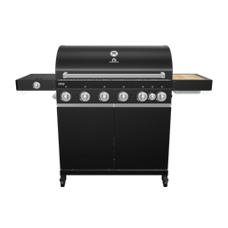 945536_945972 Fat FRED Gasgrill Black Edition als 360-Grad-3D-Rendering mit ausgeklappten Seitentischen vor weißem Hintergrund