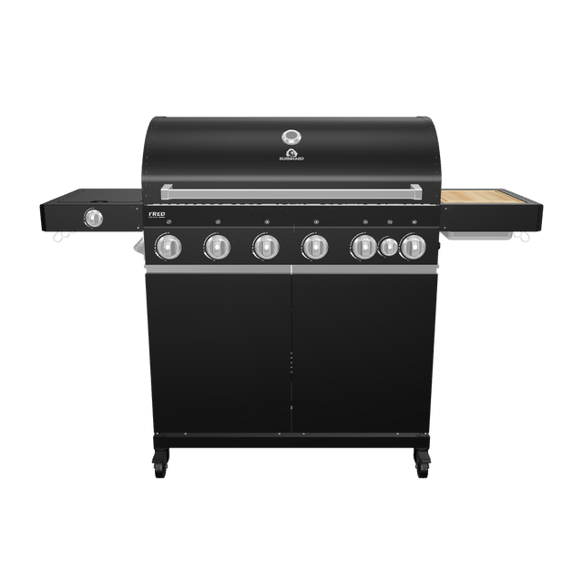 945536_945972 Fat FRED Gasgrill Black Edition als 360-Grad-3D-Rendering mit ausgeklappten Seitentischen vor weißem Hintergrund