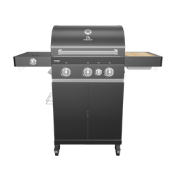 945520_945968 FRED Gasgrill Black Edition als 360-Grad-3D-Rendering mit ausgeklappten Seitentischen vor weißem Hintergrund