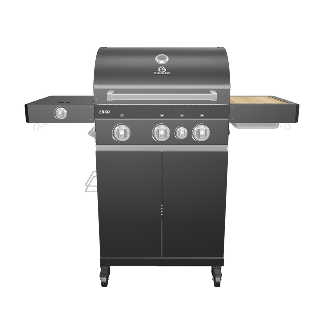 945520_945968 FRED Gasgrill Black Edition als 360-Grad-3D-Rendering mit ausgeklappten Seitentischen vor weißem Hintergrund