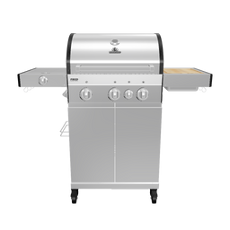 945517_945967 FRED Gasgrill Edelstahl als 360-Grad-3D-Rendering mit ausgeklappten Seitentischen vor weißem Hintergrund