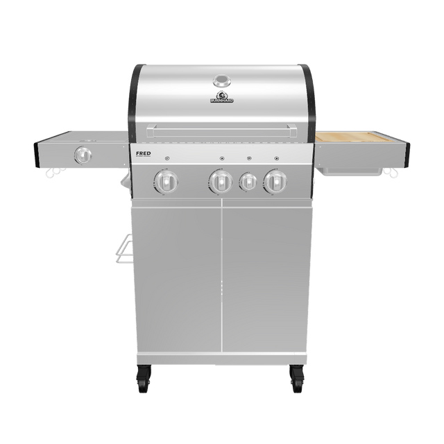 945517_945967 FRED Gasgrill Edelstahl als 360-Grad-3D-Rendering mit ausgeklappten Seitentischen vor weißem Hintergrund